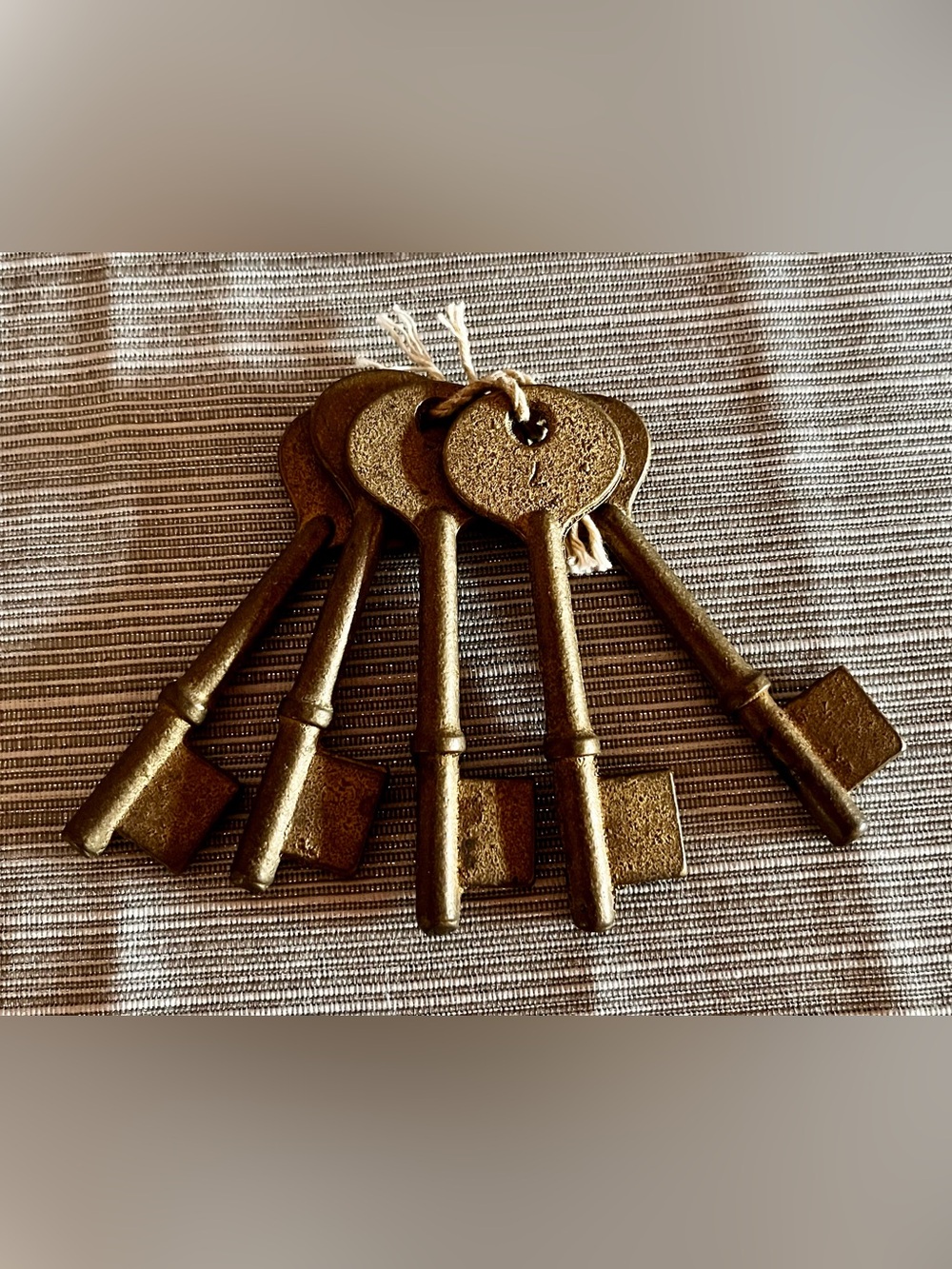 Vintage Skeleton Brass Keys on Ring Solid Barrel Largest Key is 7.75”